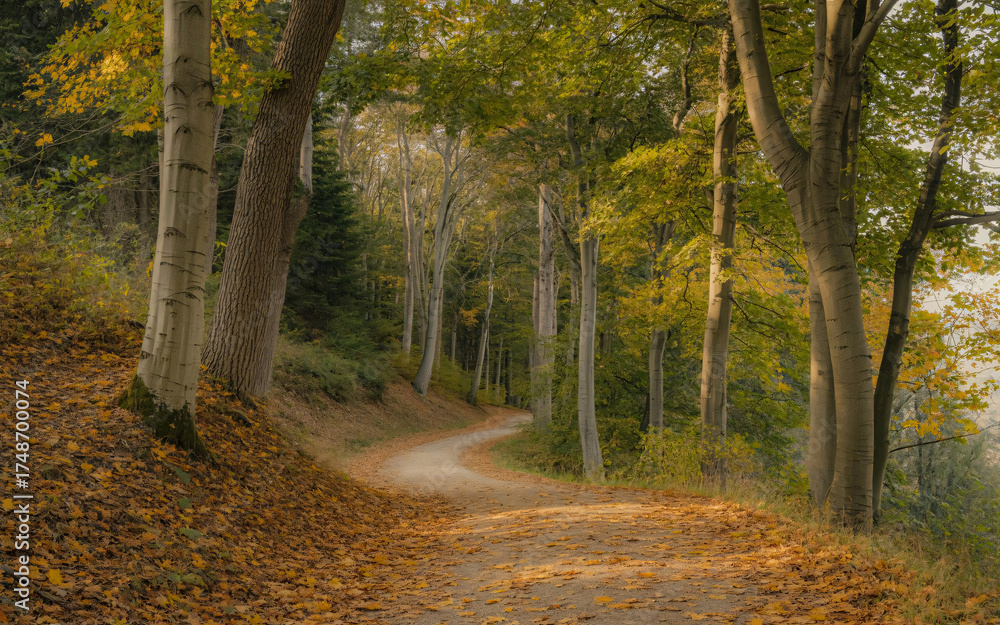 Obraz premium Autumn forest landscape with winding dirt path and colorful fall leaves 