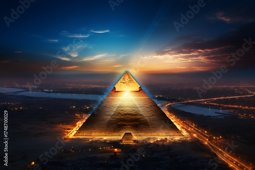 Majestic sunset over a glowing pyramid, illuminating the cityscape and river below
