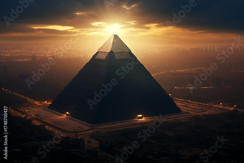 Majestic pyramid at sunrise, surrounded by a sprawling cityscape, casting long shadows