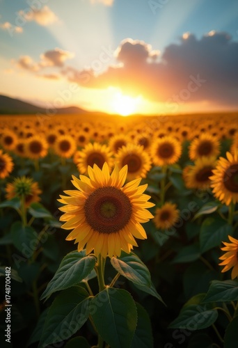 Vibrant Sunflower Field Radiating Warmth Under Golden Hour Light Nature Canvas Vibrant Tones