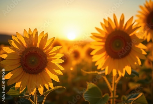 Vibrant Sunflower Field Under Golden Hour Light with Warm Radiance and Bold Colors Explore Nature's Flora