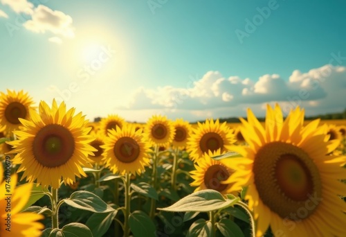 Vibrant Sunflower Field Under Midday Sun Highlighting Nature's Golden Blooms
