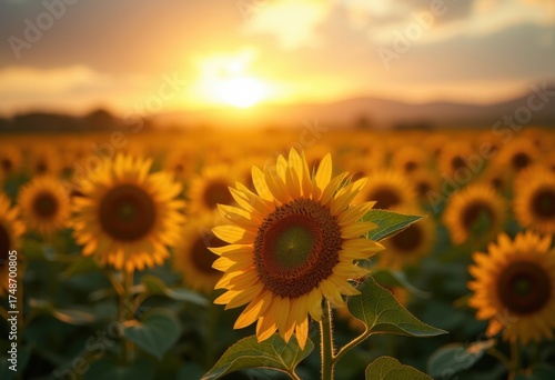 Vibrant Sunflower Field Under Stunning Golden Hour Sky with Luminous Blossoms and Soft Illuminating Glow