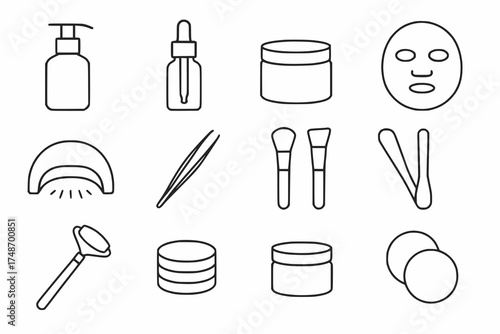Minimalist black outline icons of beauty and skincare products on white background   