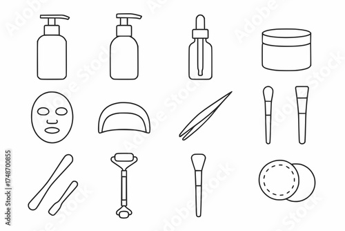 Minimalist black outline icons of beauty and skincare products on white background   