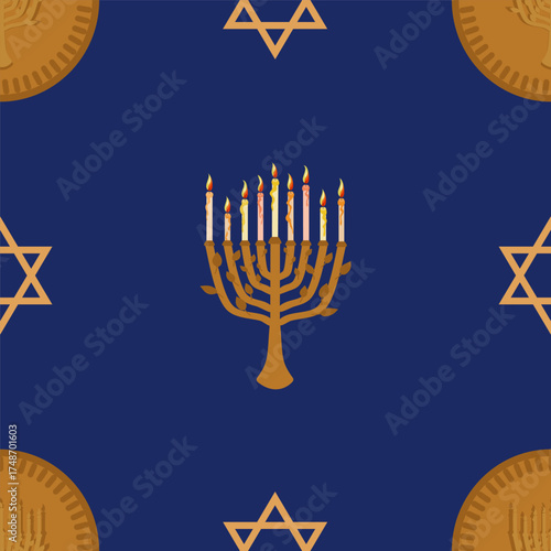 Vector Hanukkah seamless pattern with Menorah, Gelt and Star of David on dark blue background