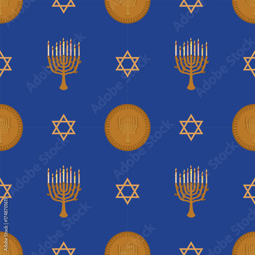 Vector Hanukkah seamless pattern with Menorah, Gelt and Star of David on blue background (4 raports for preview)