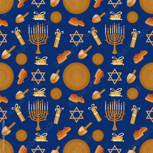 Vector Hanukkah seamless pattern with Menorah, Gelt, Dreidel, Star of David, Sufganiyot and Gift boxes on dark blue background (4 raports for preview)