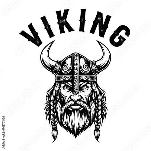 Viking Warrior Graphic with Horned Helmet Vintage Illustration and Bold VIKING Text