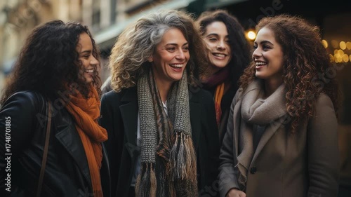 Three happy women walking and laughing on a city street in fall or winter, showing joy and conversation, lifestyle footage.