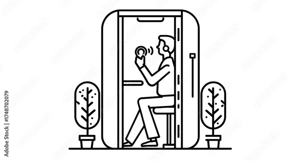 Obraz premium Line art illustration of a person working inside a soundproof office pod.