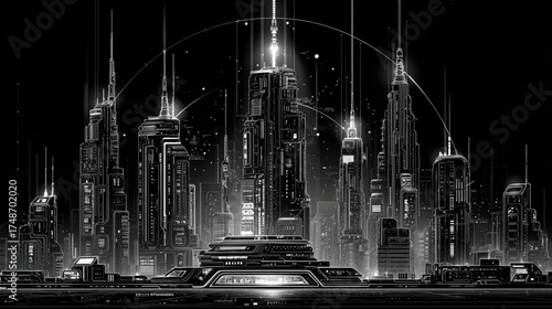 A stunning black and white futuristic city skyline at night.