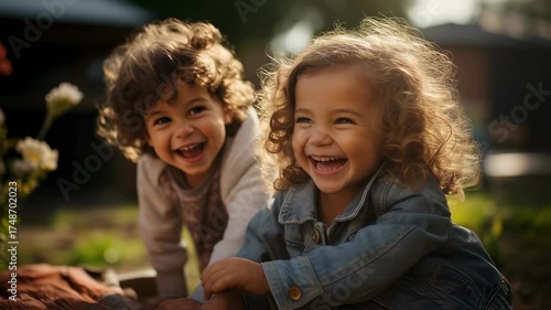 Two happy children playing together outdoors, capturing moments of laughter and joy in a sunlit garden, footage.