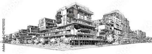 Hand drawn architectural sketch of a modern residential building complex.