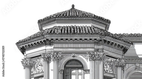 Monochrome architectural illustration of an ornate classical building corner.