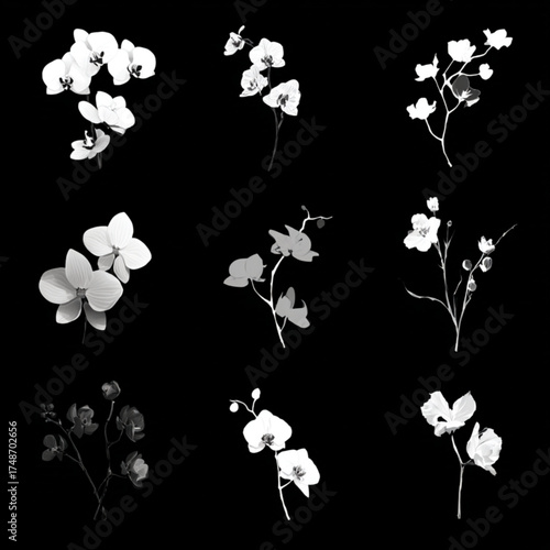 Collection of nine elegant white orchid flowers isolated on a black background.