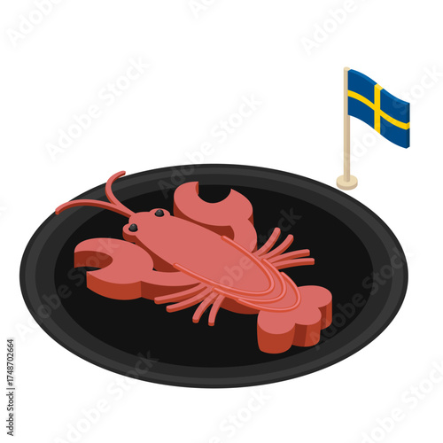 Crayfish on plate - hand drawn isometric vector illustration.
