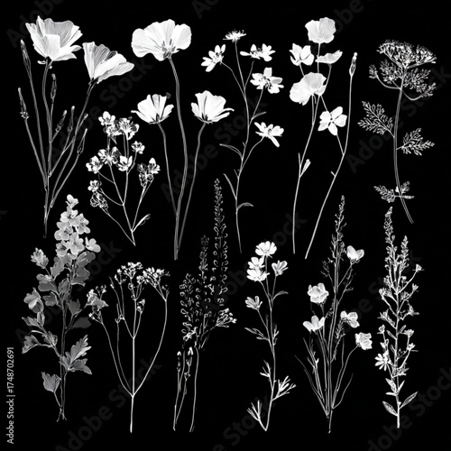 Elegant collection of white botanical wildflower illustrations on black.