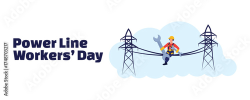 Power Line Workers Day banner with a vector illustration of a power line technician repairing electrical networks and power line supports. Energy industry and electricity maintenance concept
