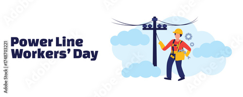 Power Line Workers Day banner with a vector illustration of a power line technician repairing electrical networks and power line supports. Energy industry and electricity maintenance concept