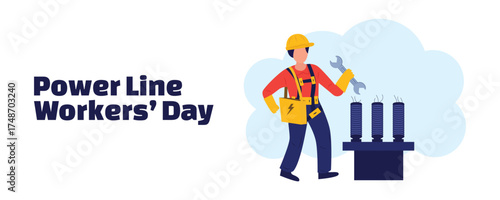 Power Line Workers Day banner with a vector illustration of a power line technician repairing electrical networks and power line supports. Energy industry and electricity maintenance concept