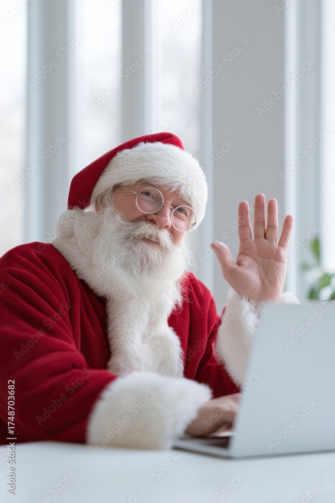 Naklejka premium Santa Claus in a red suit and white hat waves cheerfully with one hand while using a laptop at a white desk in a bright room with large windows and natural light