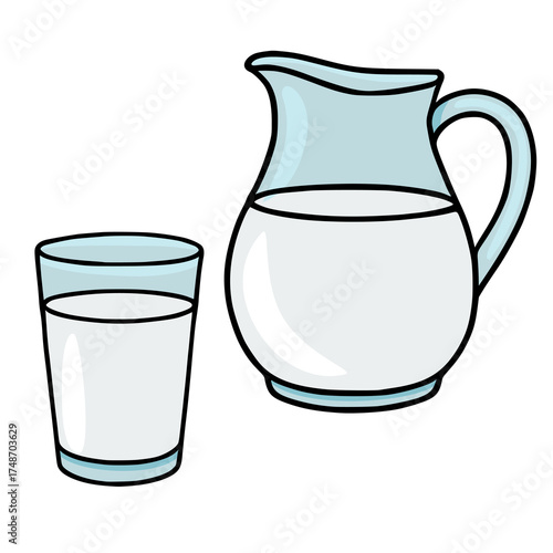 Clean vector illustration of a glass and pitcher filled with fresh milk, suitable for food and drink related designs.