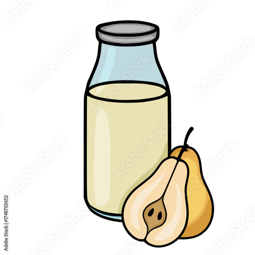 A whimsical vector illustration of a glass bottle filled with creamy liquid, accompanied by ripe pears, one halved to reveal its core.