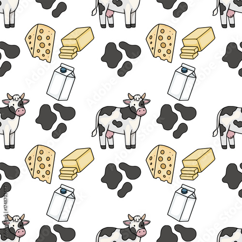 Whimsical vector pattern featuring cute Holstein cows, blocks of cheese, butter sticks, and milk cartons on a white background.