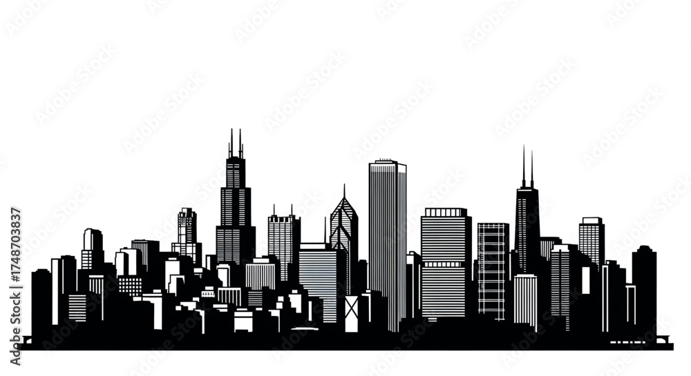 Naklejka premium Chicago Skyline Silhouette: Detailed Vector Illustration of Cityscape