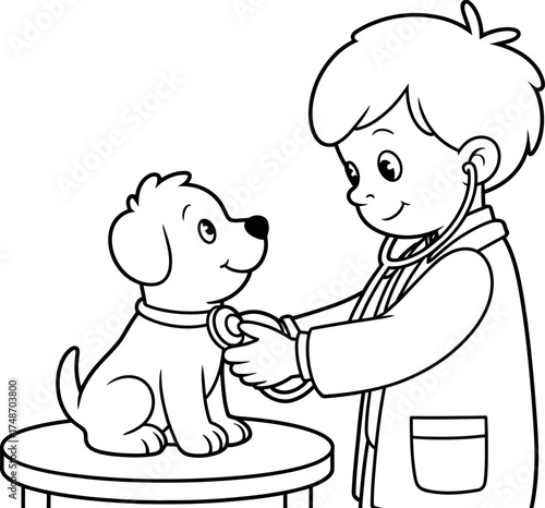 Vector art of a young veterinarian examines a puppy