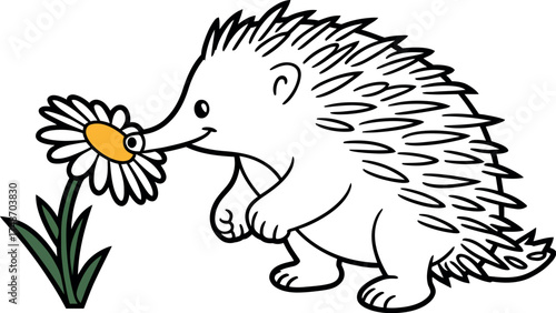 Vector art of cute echidna smelling a flower