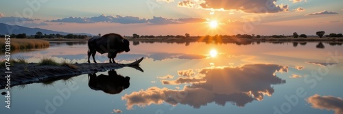 A lone buffalo stands majestically at the edge of a calm reservoir, reflecting in the still water. The sun casts a warm glow on its dark coat, outdoors, calm, solitary