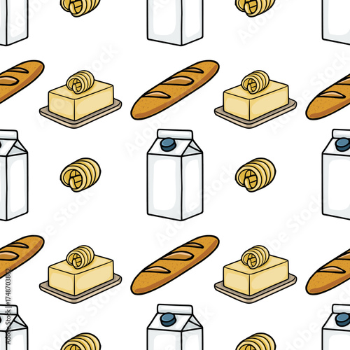 A charming vector pattern featuring fresh bread, creamy butter swirls, and crisp milk cartons, perfect for food-themed designs.