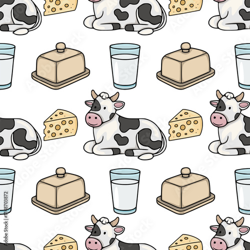 Seamless vector pattern featuring cute cows, wedges of cheese, glasses of milk, and butter dishes, perfect for dairy-themed designs.