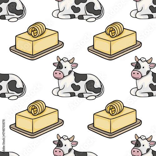 Seamless vector pattern of cute cartoon cows and butter curls on a white background.