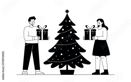 Vector art of a couple holding gifts standing near a christmas tree