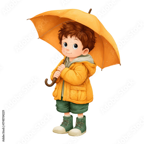 Cute cartoon boy in a yellow raincoat holding an orange umbrella.
