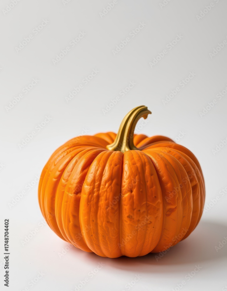 Obraz premium A perfectly formed pumpkin sits on a clean white background, showcasing its vibrant orange hue and intricate details, harvest, gourd, closeup