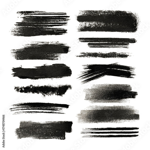 Collection of black grunge ink brush strokes and lines.