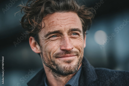 Confident young businessman smiling and looking away at modern corporate office — portrait of an innovative professional leader