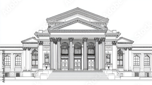 Detailed architectural line drawing of a grand classical building facade.