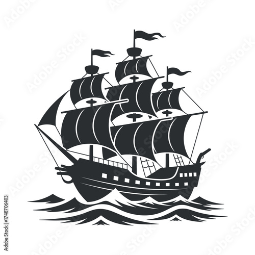 Sailing Ship Silhouette Vector Graphic On Water Waves Seafaring Vessel Isolated Drawing