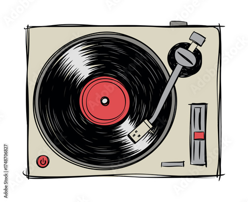 Turntable Sketch: Vinyl Player with Arm Playing Black Record
