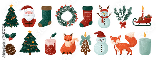 Set of isolated Christmas elements for holiday decoration.