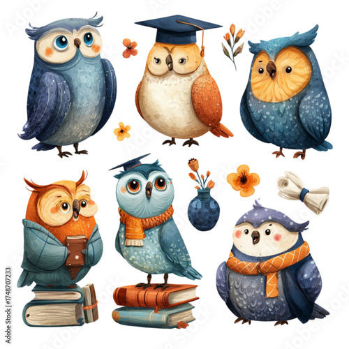 Wallpaper Mural Set of cute watercolor owls for education and learning themes. Torontodigital.ca