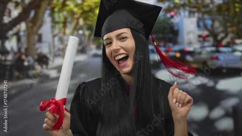 Hispanic woman in graduation attire smiling joyfully on a city street with a diploma in hand against a backdrop of urban activity and bright daylight.
