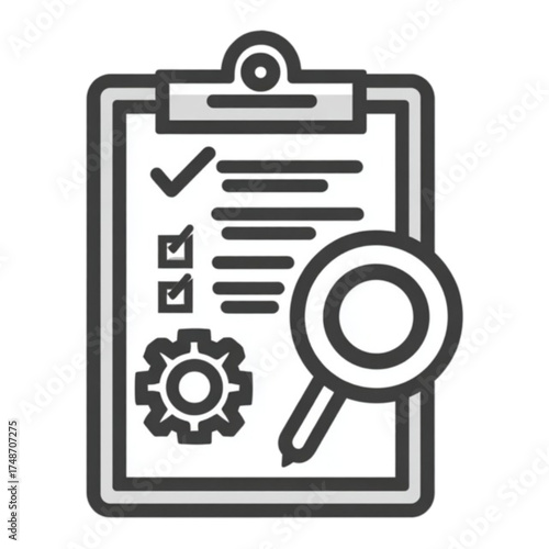 Clipboard with checklist gear and magnifying glass icon.