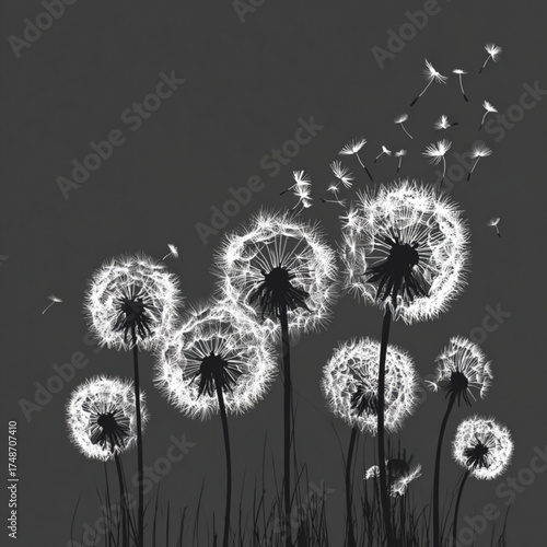 Artistic black and white dandelions with seeds blowing away.