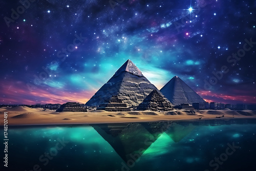 Majestic pyramids reflecting in tranquil waters under a vibrant cosmic sky at twilight